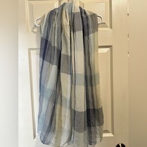 Linen Plaid Blue and Cream Vintage Scarf approximately 70” L x 27” W